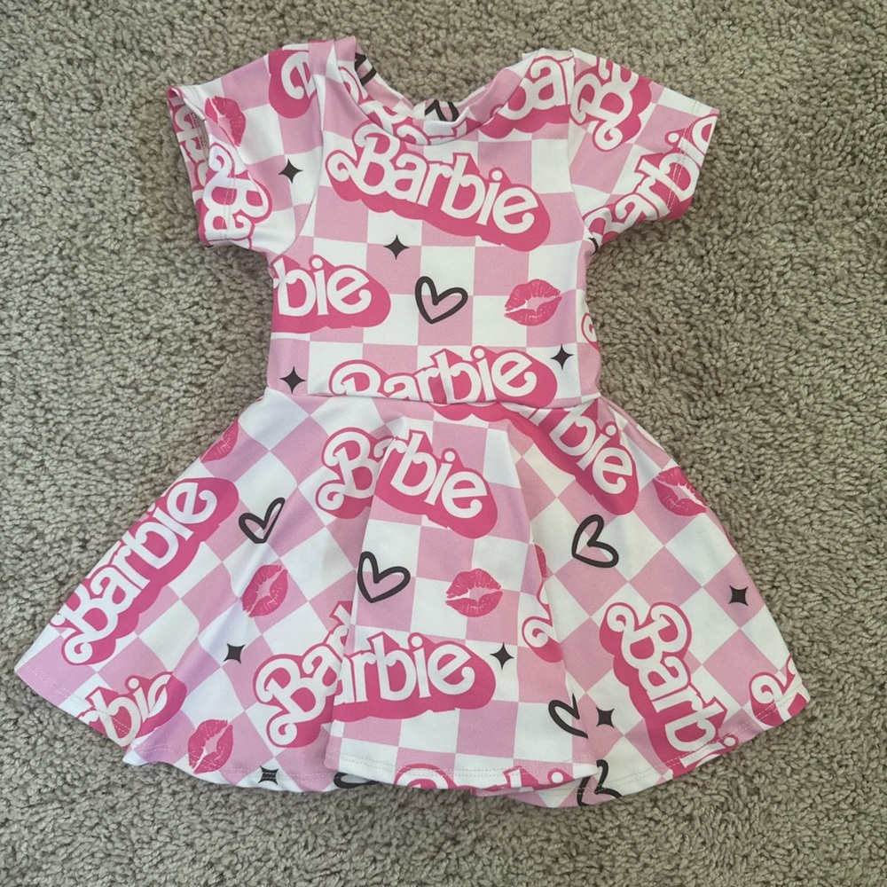 Barbie Pink Checkerboard Logo Heart Girls' Casual Dress
